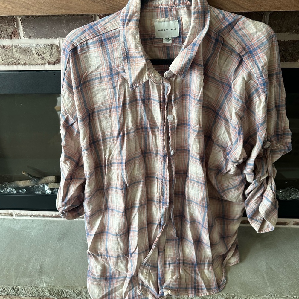 American Eagle Outfitters Men's Plaid Shirt - Cream and Blue